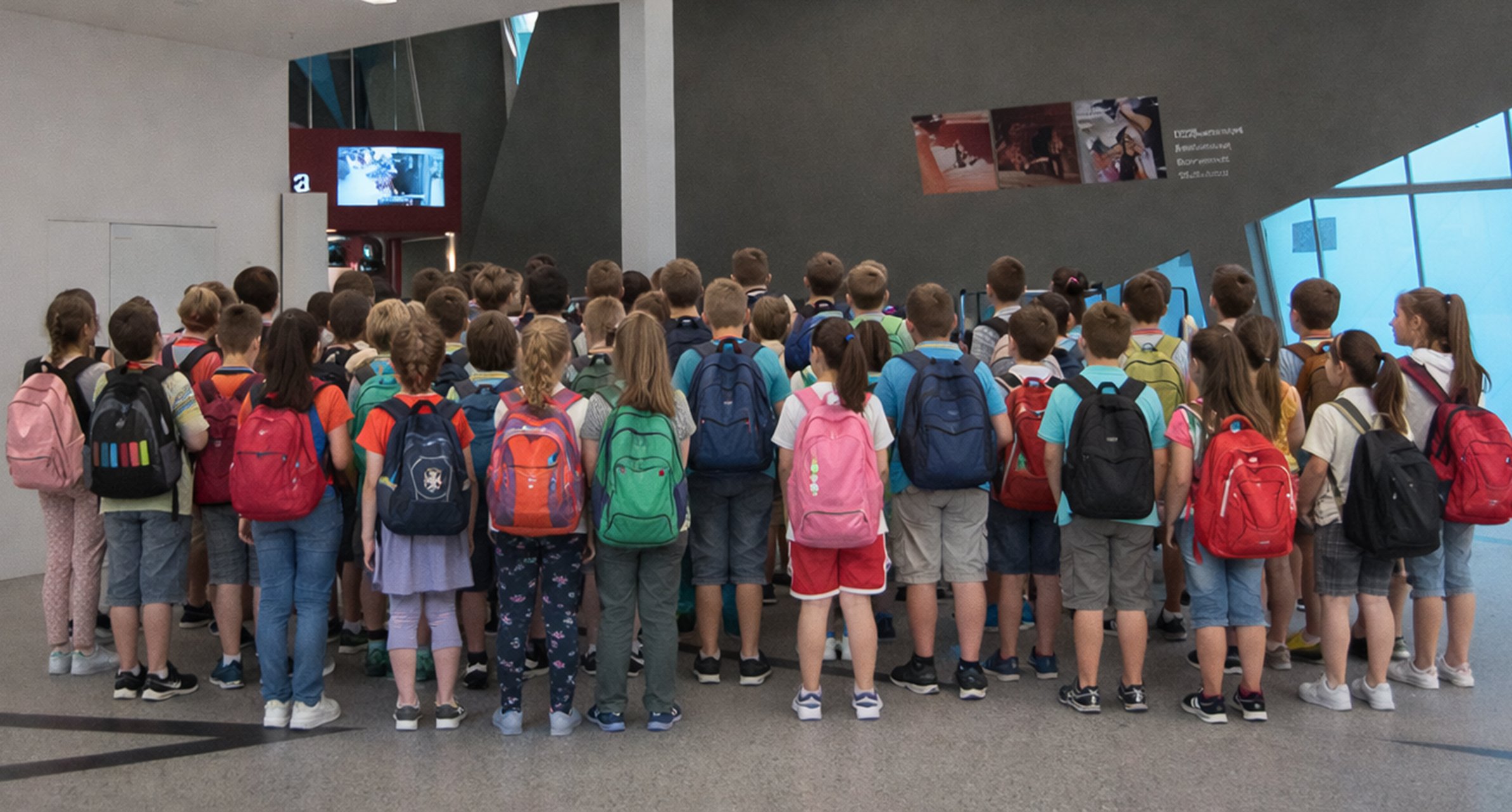 Die Schülerinnen und Schüler stehen vor dem Eingang zum Bernaqua.
