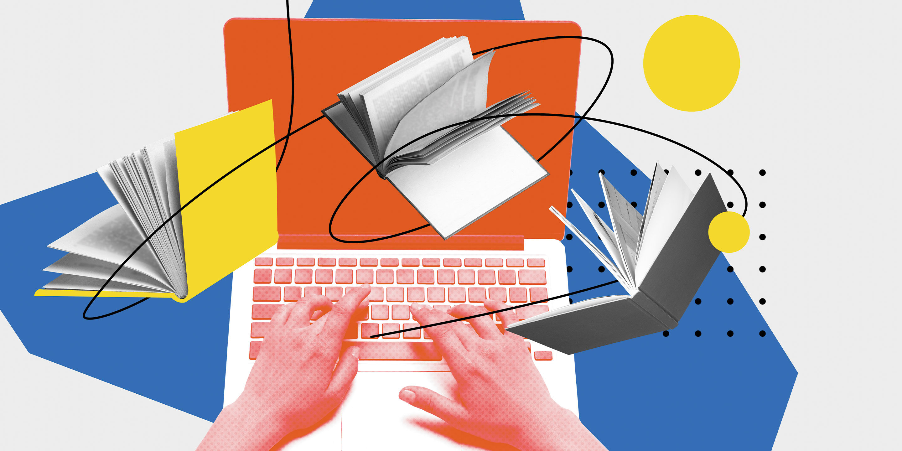 Hände auf einem Laptop. Drei Bücher fliegen über dem Laptop.