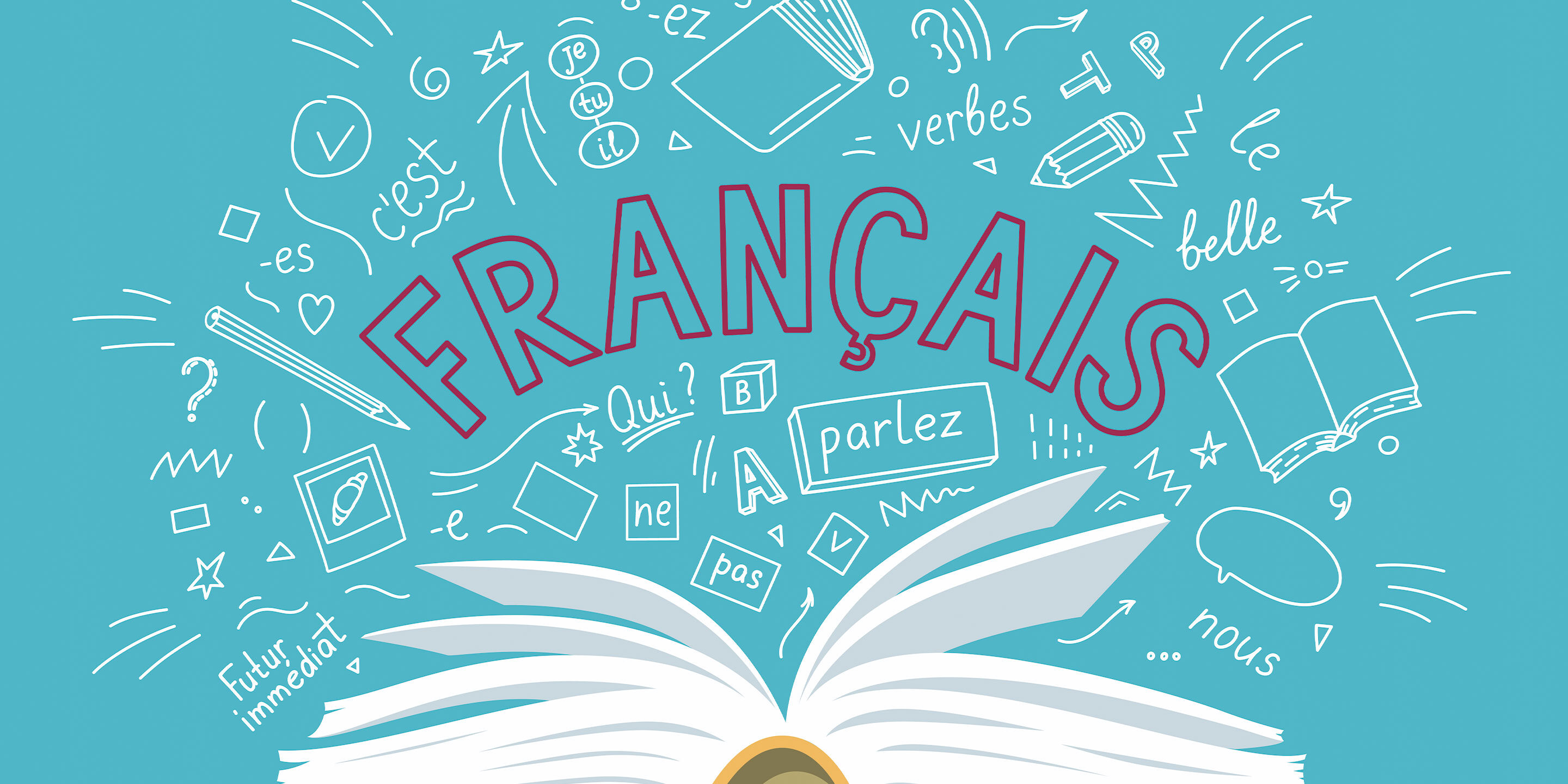 Illustration: französische Wörter und Symbole sind über einem offenen Buch aufgezeichnet.
