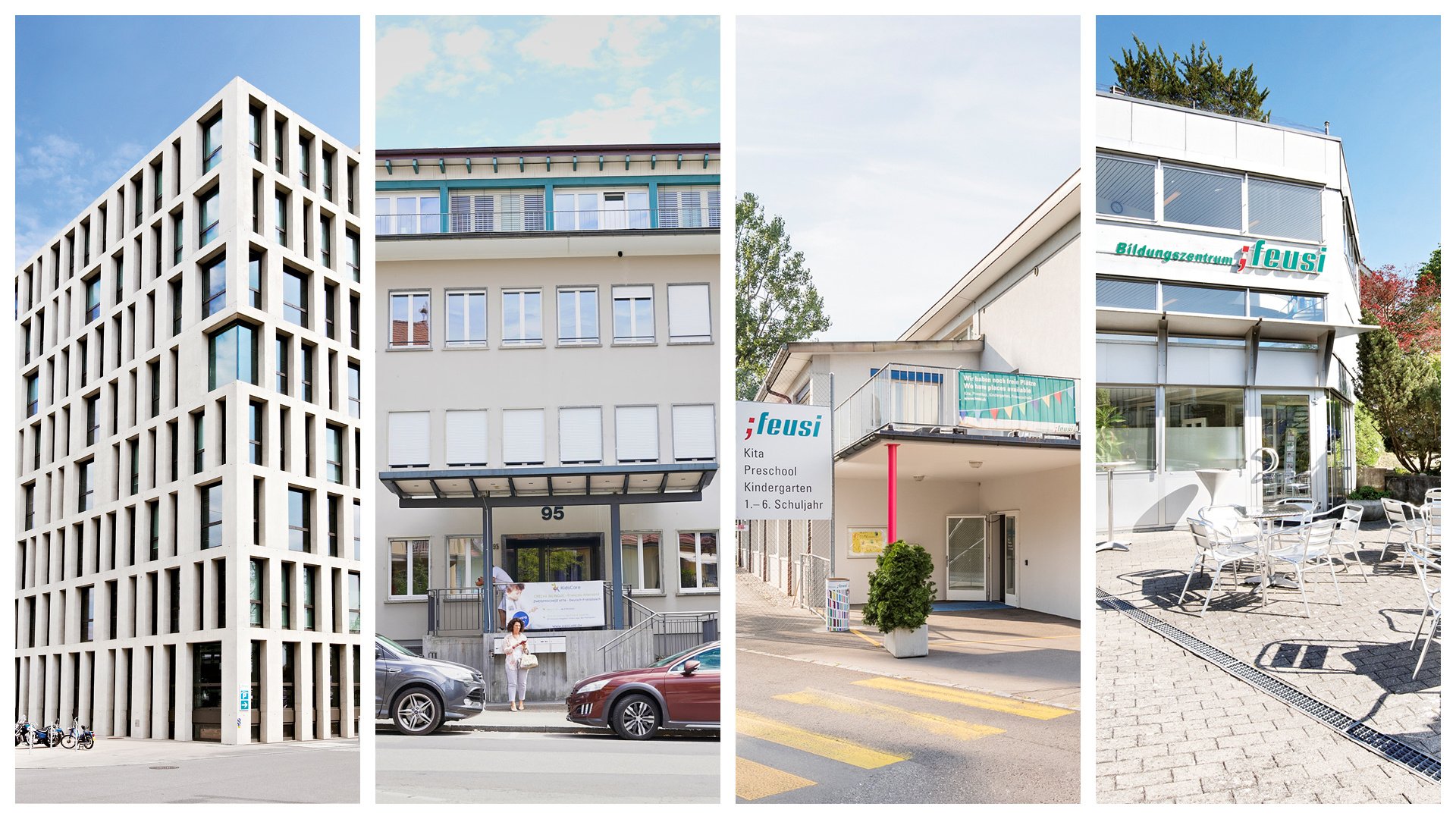 Vier Bilder zu den Standorten des Feusi Bildungszentrum in Bern, Klick-Schule, Muri-Gümligen, Solothurn.