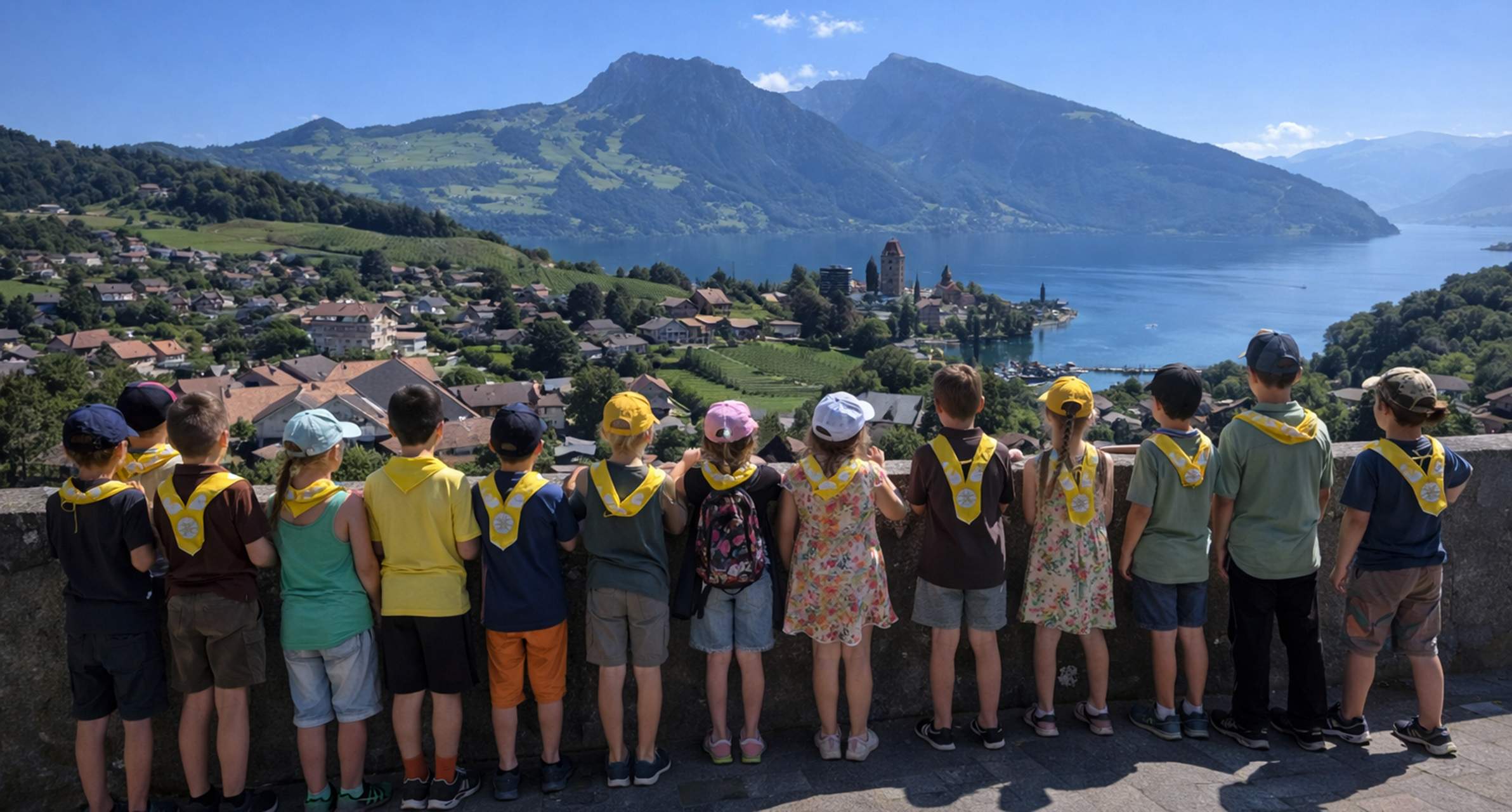 Die Kinder schauen auf den Thunersee und die Umgebung.