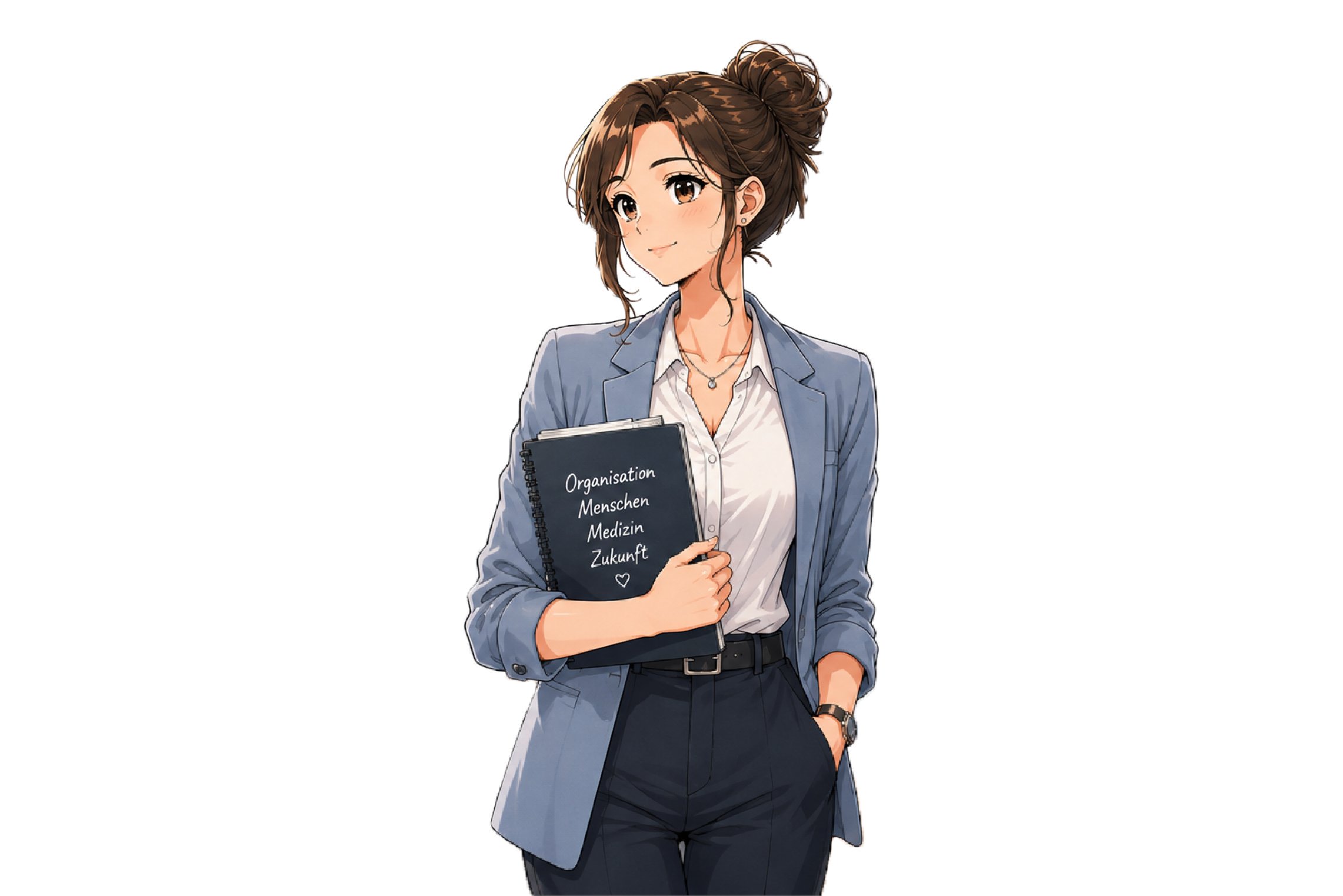Illustration einer Medical Office Managerin mit Notizbuch zu Organisation, Menschen, Medizin und Zukunft.