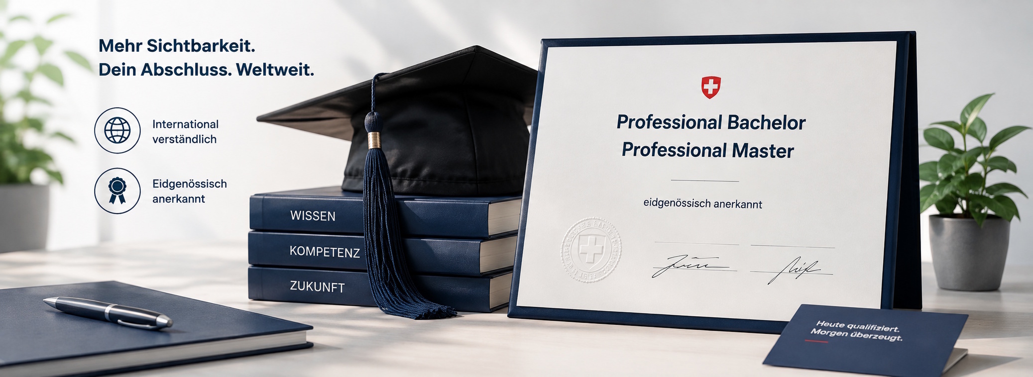 Diplom mit den Titelzusätzen «Professional Bachelor» und «Professional Master» neben Doktorhut und Fachbüchern.