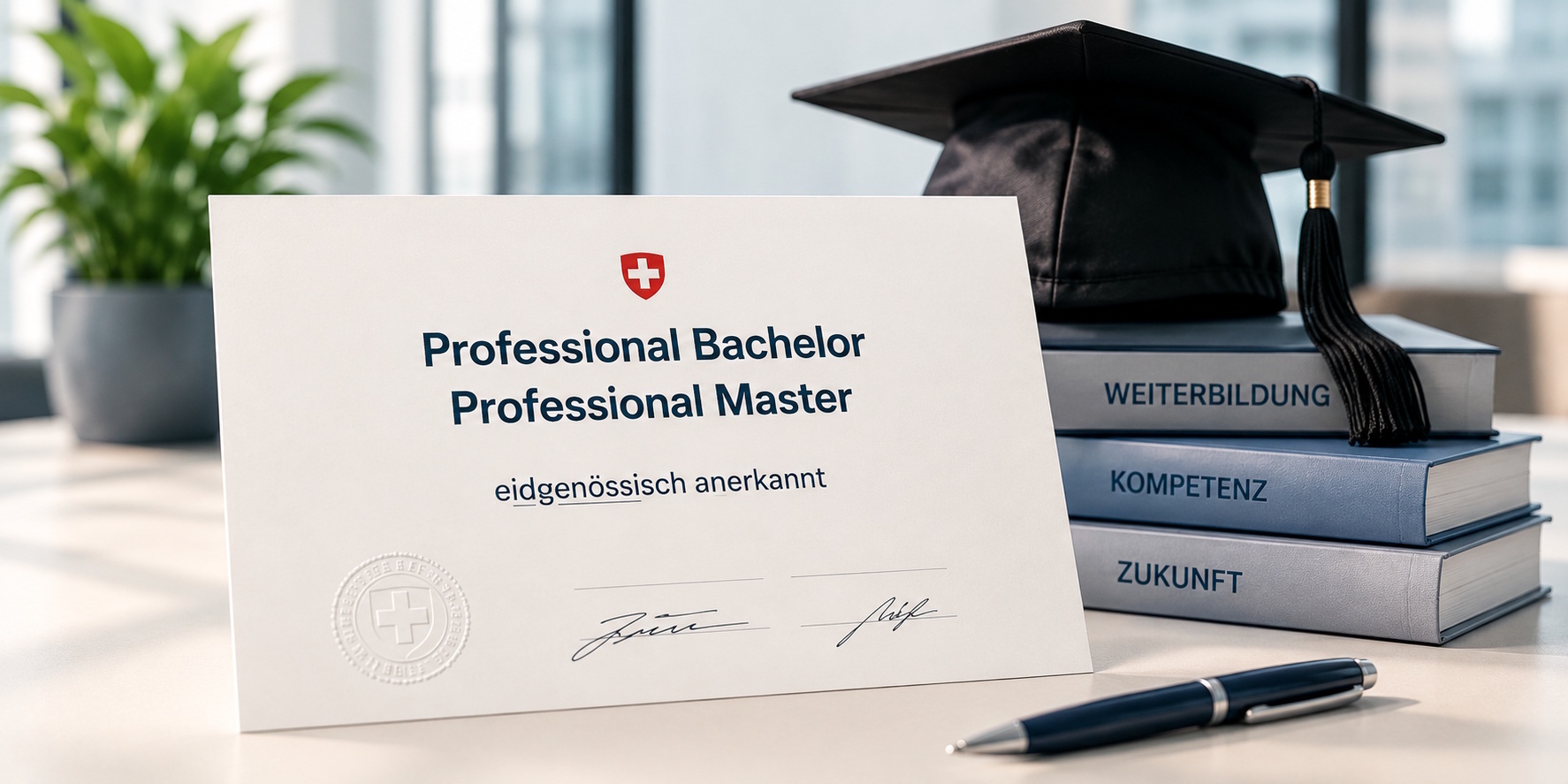 Professional Bachelor» und «Professional Master» auf einem Diplom mit Doktorhut und Büchern zum Thema Weiterbildung