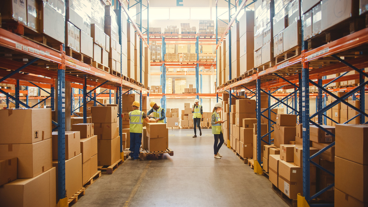 Vier Personen arbeiten in einer grossen Lagerhalle.